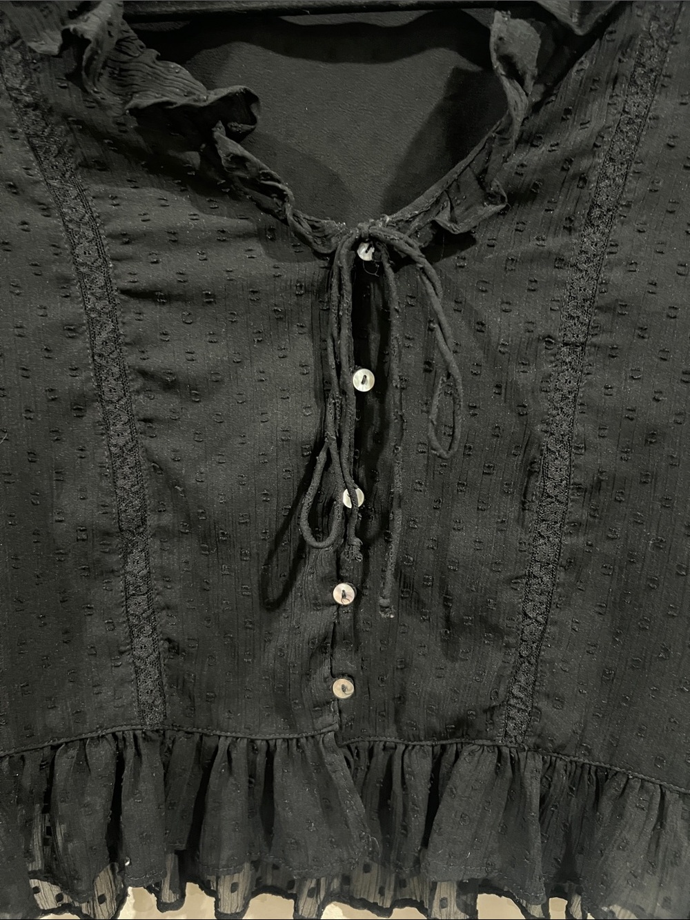 Zara Black Sheer Dot Ruffle Tie-Front Cropped Blouse size small - Picture 3 of 5
